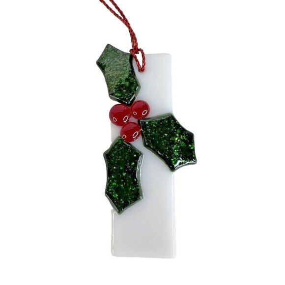 4 Fused Stained Glass Holly Berry Christmas Ornaments Set Red Green White - Picture 3 of 11